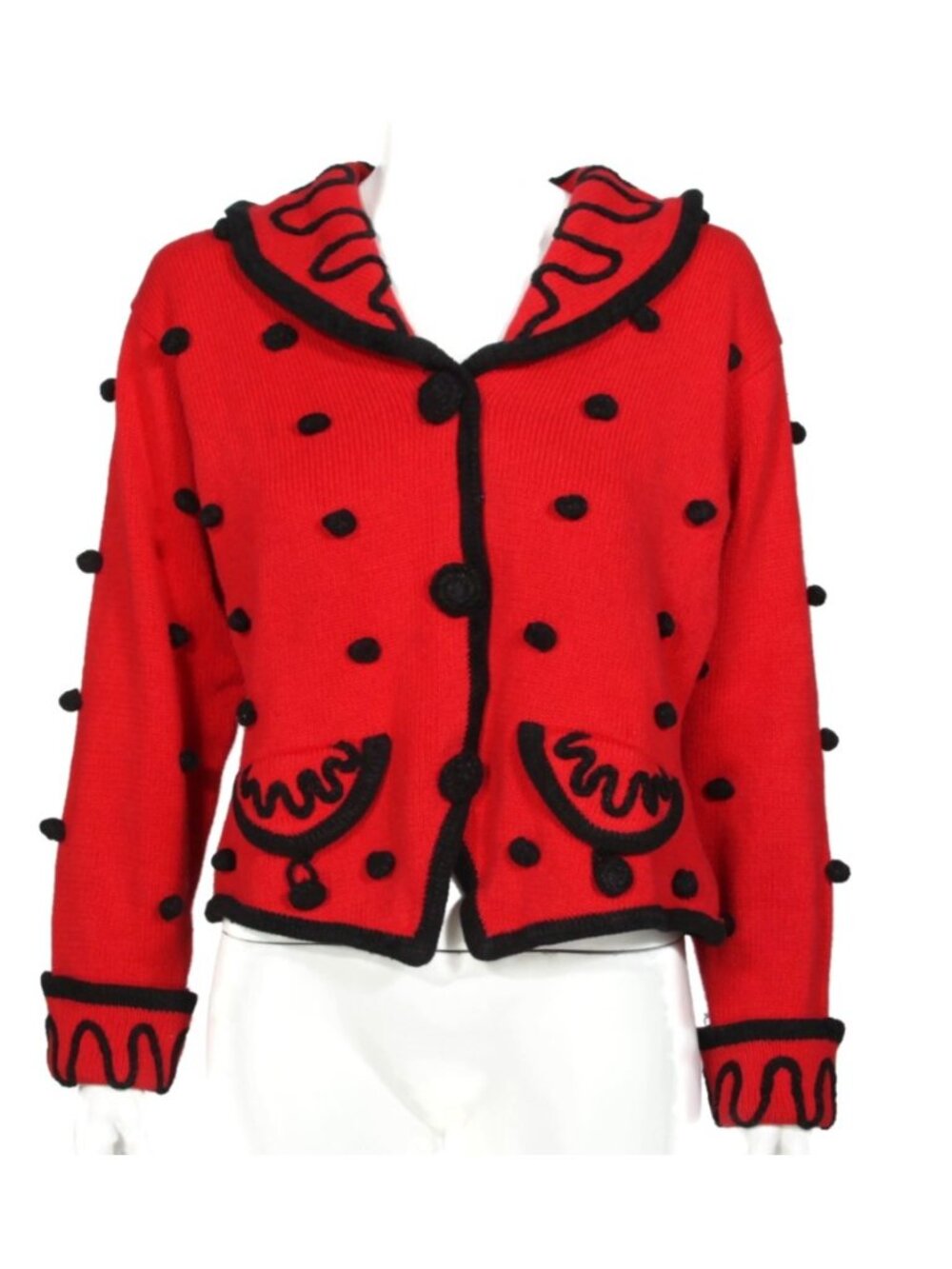 Vtg 90s LISA NICHOLS Red Black Pom Polka Dot Sweater Cardigan Womens size L /847
